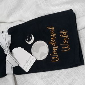 Silver Cloud Wonderful World embroidered blue cotton blanket. NWT. 27.5 x 35